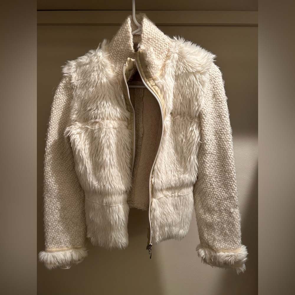 Women's Cream Faux Fur & Knit Patchwork Jacket with zipper, XS